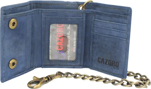 Vista 15 de Billetera para hombre con bloqueo RFID, de cuero vintage, estilo motorista, de triple pliegue, con cierre de presión y cadena de bicicleta 51S Marrón