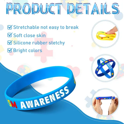 Vista 3 de Yinkin 120 pulseras de conciencia sobre el autismo, pulseras inspiradoras para autismo, pulseras motivacionales de silicona coloridas para niños