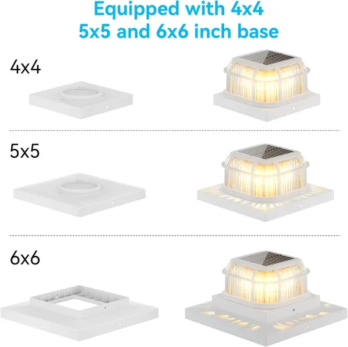 Vista 4 de Paquete de 6 luces solares para poste con base de 4 x 4, 5 x 5 y 6 x 6 pulgadas para postes de vinilo/madera, 16 LEDs brillantes luces solares