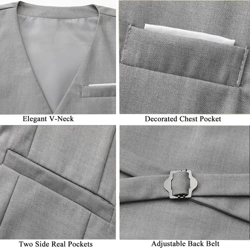 Vista 6 de Chaleco formal de negocios para hombre, chaleco ajustado con cuello en V, traje de esmoquin Gris