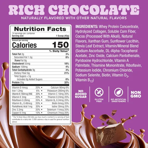 Vista 3 de Pure Protein Polvo todo en uno, chocolate rico, suero de leche y colágeno, alto en fibra, vitaminas, sin azúcar añadido, sin OMG, sin gluten, 1.25