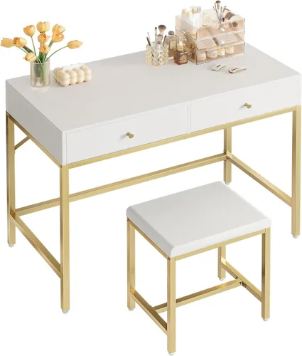 Vista 10 de SUPERJARE Escritorio blanco y dorado de 35.4 pulgadas con 2 cajones, tocador de maquillaje moderno con taburete acolchado, escritorio pequeño