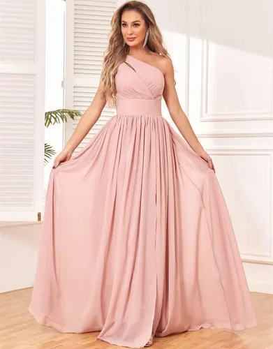 Vista 4 de MXODI One Shoulder Bridesmaid Dress with Slit Chiffon Long Formal Dresses with Pockets