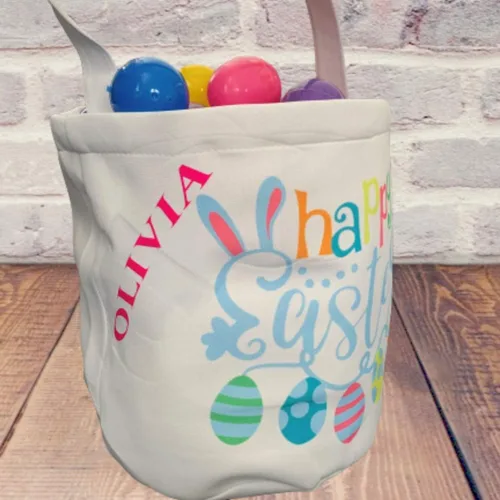 Vista 2 de Personalized Easter Baskets for Kids Empty - Bucket for Egg Hunting - Custom Name - Canvas Pail with Handles