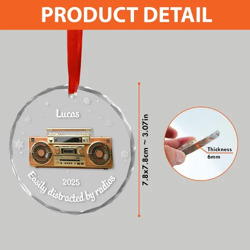 Vista 2 de Personalized Radio Lover Glass Ornament, Custom Retro Boombox Christmas Keepsake with Name and Year, for Music Fans, Xmas Gifts 2025