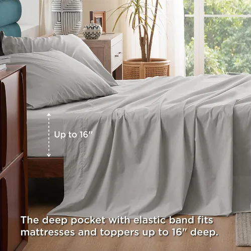 Vista 7 de Bedsure Sábanas de Percal 100% Algodón Tamaño Full, Sábanas de Cama Tamaño Full con Bolsillo Profundo de Hasta 16 Pulgadas, Transpirables y Suaves