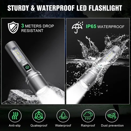 Vista 4 de Linterna recargable de alto lúmenes, 3000 lúmenes, linternas LED superbrillantes con 6 modos de luz, IPX6 impermeable, potente luz flash de mano