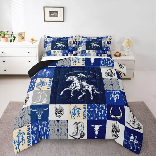 Vista 26 de Juego de edredón de vaquero individual, ropa de cama occidental para niños y hombres, ilustración dibujada a mano de caballo americano salvaje