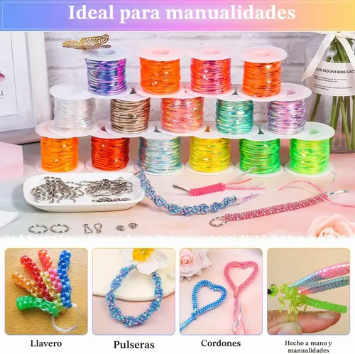 Vista 6 de Kit de cuerda de cordón, Cridoz 15 rollos de cuerda de gimp de cordón de plástico con 50 piezas de ganchos de clip a presión, llaveros y cierres