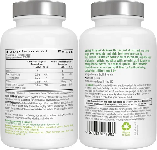 Vista 6 de Igennus - Vitamina C suave tamponada masticable 250-500 mg, niños y adultos, absorción optimizada con ascorbato de sodio y ácido ascórbico, sin
