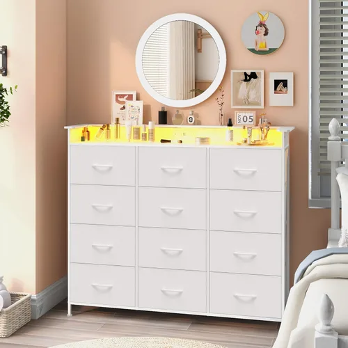 Vista 10 de Cómoda negra con luz LED, 12 cajones con estación de carga, cómoda para dormitorio con 12 cajones de tela para dormitorio, pasillo, entrada
