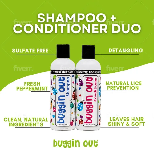 Vista 2 de buggin out Champú y acondicionador para la prevención de piojos, tratamiento de piojos de la cabeza de 8 onzas para niños y adultos, champú