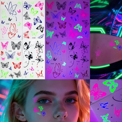 Vista 5 de Tatuajes temporales de neón UV, 12 hojas de tatuajes de fiesta que brillan en la oscuridad para adultos y niñas, patrones de doble vibración