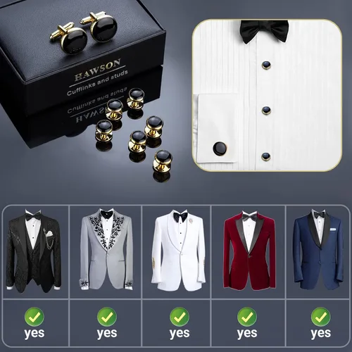 Vista 4 de HAWSON Juego de gemelos y tachuelas de esmoquin para hombre con caja de regalo joyas o accesorios para hombre adecuados para traje negro, camisas