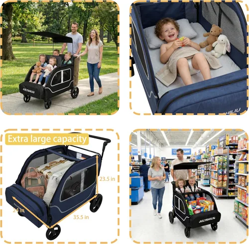 Vista 7 de Cochecito grande de 4 plazas, 2, 3, niños pequeños, color negro Car Shaped, Foldable, All Terrain, Removable Canopy, 5 Point Harness, Travel