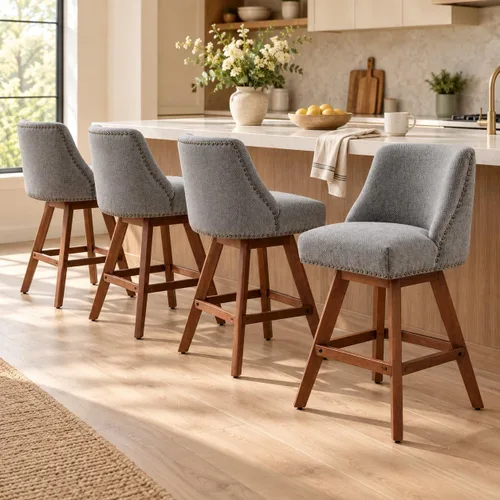 Vista 33 de Juego de 2 taburetes de bar giratorios modernos, taburetes de bar de 26.6 pulgadas de altura de mostrador beige con respaldo para isla de cocina