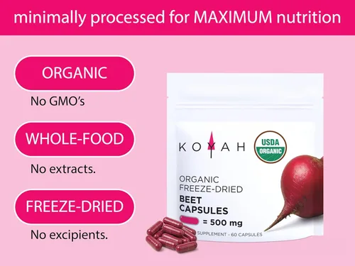 Vista 3 de KOYAH - Cápsulas de remolacha orgánica, liofilizadas: 60 Cápsulas 500 mg por cápsula, raíz de remolacha entera - Apoyo cardiovascular y apoyo al