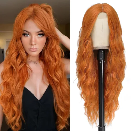 Vista 38 de Peluca larga de cobre para cosplay, peluca sintética de 26 pulgadas, parte media, regalos realistas, pelucas de fiesta para mujeres, uso diario