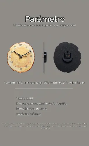 Vista 5 de Reloj de pared anual de 12 pulgadas, reloj de tocón de grano de madera con números arábigos, funciona con pilas, movimiento de cuarzo silencioso