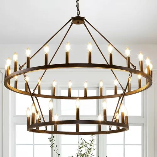 Vista 17 de Candelabro de granja de plata, lámpara de 12 luces con ruedas de carro, accesorio de luz para comedor, lámparas rústicas de isla de cocina GHDFGD-10