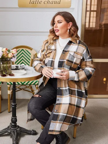 Vista 5 de IN'VOLAND Camisas de franela a cuadros de talla grande para mujer, manga larga, con solapa, estilo novio, con botones, chaqueta larga de tartán