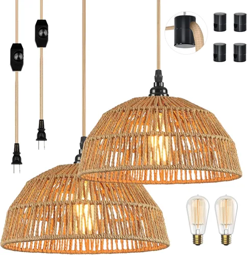 Vista 8 de Lámpara colgante enchufable, luces colgantes con cable de algodón dorado de 15 pies e interruptor de atenuación continuo, pantalla de cuerda