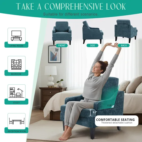 Vista 6 de Silla de acento moderna para dormitorio, silla de lectura tapizada con bolsillos laterales, sillas cómodas para sala de estar, sillón para sala