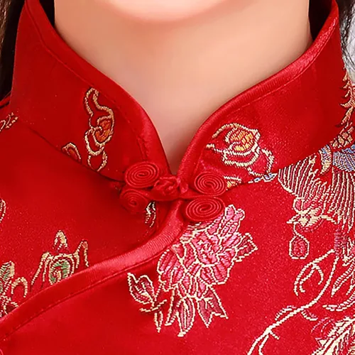 Vista 2 de Qwent Vestido chino de las muchachas de los niños de manga corta levantarse cuello plateado hebilla chino cheongsam vestido chino para las niñas