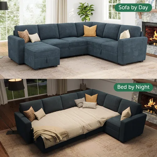Vista 4 de HONBAY Sofá cama modular, sofá cama modular de pana extraíble con almacenamiento, sofás seccionales en forma de U para sala de estar, color azul