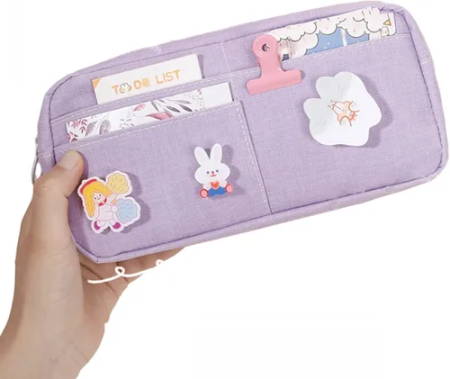 Vista 2 de Estuche grande Kawaii de almacenamiento de artículos de papelería, bolsa de lona para lápices, bolsa de maquillaje, suministros escolares para niñas