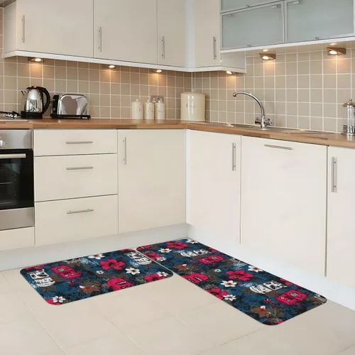 Vista 2 de Antifatigue Kitchen Mats for Floor 2 Piece - Tropical Retro Robots Print Kitchen Rugs Washable, Non Slip Runner Rug Standing Mat for