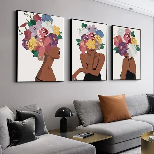 Vista 2 de Juego de 3 pinturas de pared afroamericanas con diseño de flores negras para mujer, diseño de cabeza negra, pintura en lienzo, cuadros sin marco