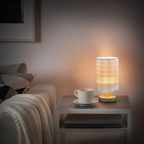 Vista 6 de Kigai Lámpara de mesa de cuadros azul para dormitorio, lámpara de noche LED para mesita de noche, lámpara de gingham, luz de guardería con puertos