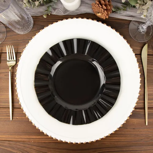 Vista 109 de Tableclothsfactory Paquete de 10 platos redondos de plástico negro de 6 pulgadas para ensalada de postre, platos desechables con borde ondulado