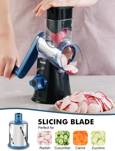 Vista 3 de Geedel Rallador rotativo de queso, cortador de verduras de mandolina de cocina con 3 cuchillas intercambiables, fácil de limpiar, rallador giratorio
