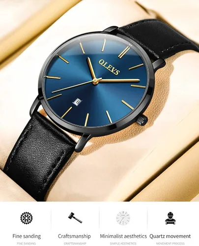Vista 5 de OLEVS Brown Black Leahter Strap Quartz Analog Ultra Thin Minimalist Male Wrist Watches Waterproof Date Dial