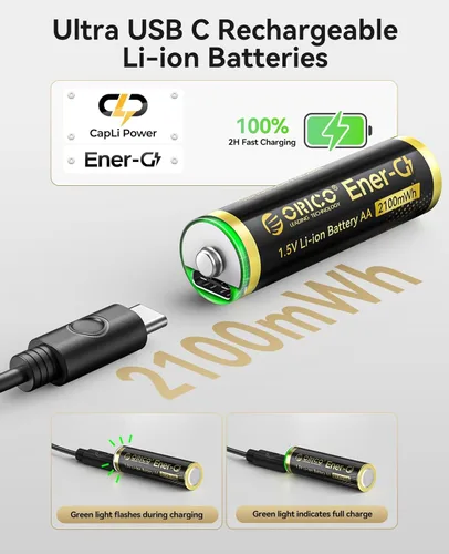 Vista 2 de ORICO Ener-G Batería de iones de litio recargable AA de 1.5 V 2100 mWh, carga USB-C de 2 horas, carga rápida de más de 1500 ciclos para controlador