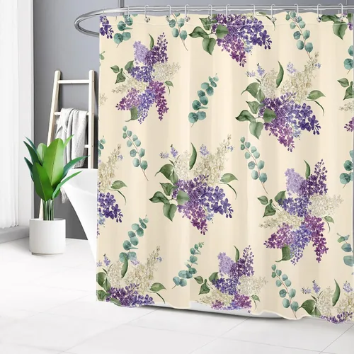 Vista 13 de EOBTAIN Cortina de ducha floral púrpura para baño, flores de acuarela y hojas de eucalipto verde sobre beige, cortina de ducha con 10 ganchos, juego