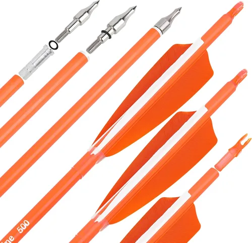 Vista 9 de Flechas de carbono de 31 pulgadas, flechas de caza de tiro con arco de color fluorescencia, 500 600 espina dorsal con plumas, flechas de práctica