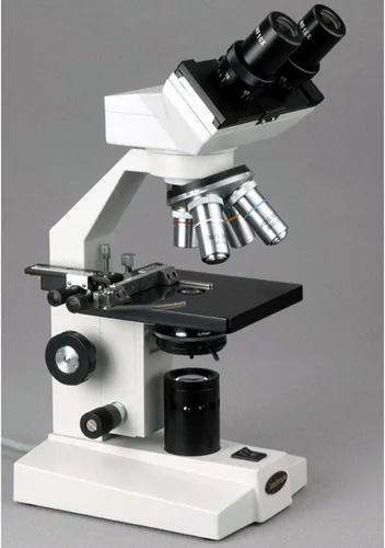 Vista 2 de AmScope Microscopio binocular compuesto B100A-MS, aumento 40X-1600X, Brightfield, iluminación de tungsteno, condensador de Abbe, etapa mecánica