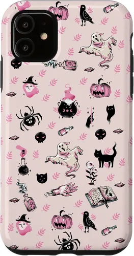 Vista 8 de iPhone 16 Vintage Halloween Case Pumpkins Ghosts Witch Skulls Pink Case