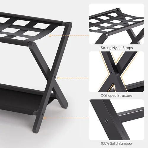 Vista 4 de HITNET Portaequipajes para habitación de invitados, soporte de maleta plegable, soporte de equipaje de hotel de bambú con estante de almacenamiento
