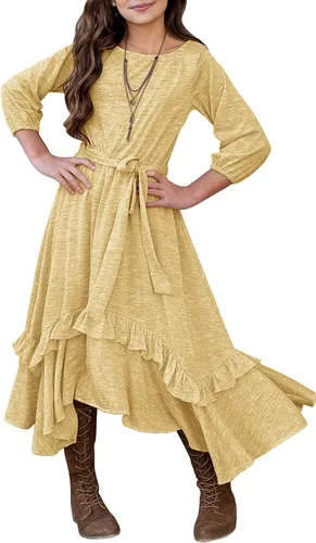 Vista 14 de MITILLY Vestido largo maxi suelto liso de manga 3/4 casual con bolsillos y volantes estilo swing con cinturón para niñas 01 Azul oscuro fultter