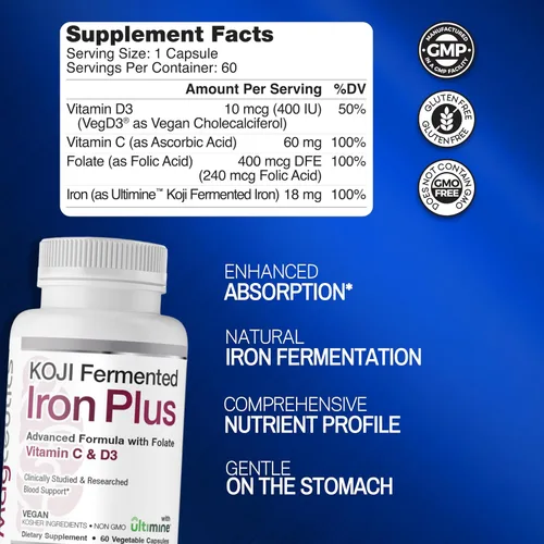 Vista 2 de Koji Fermented Iron Plus - Suplemento de hierro con vitamina C, vitamina D3 y folato para apoyo sanguíneo, fácil de absorber y biodisponible, apto