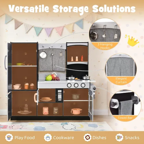 Vista 3 de Honey Joy - Juego de cocina para niños - Cocina de juguete de madera con microondas, estufa, fregadero, grifo, cortina, alacena y estante, regalo