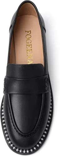 Vista 3 de FOGEENA Mocasines de cuero mate para mujer, estilo casual, sin cordones, punta redonda, tacón bajo grueso, zapatos de vestir de 1 pulgada