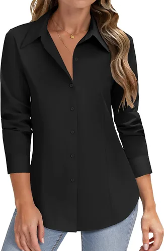 Vista 20 de HOTOUCH Camisas de manga larga con botones para mujer, camisas de vestir con protección contra manchas, ajuste delgado, blusas de trabajo, oficina
