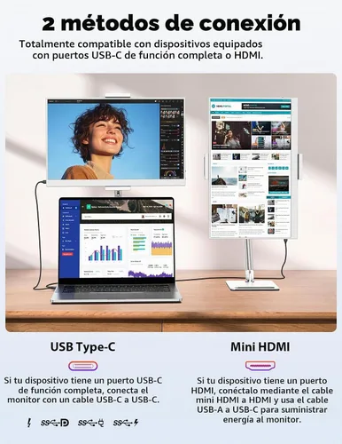 Vista 6 de Monitor portátil de 15.6 pulgadas, FHD 1080P 100% sRGB blanco con soporte ajustable, monitor de viaje ultra delgado con protección ocular, Plug and