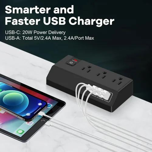 Vista 8 de Regleta de alimentación con abrazadera de escritorio de 3 salidas con 4 puertos USB, protector de sobretensiones de montaje en borde de escritorio