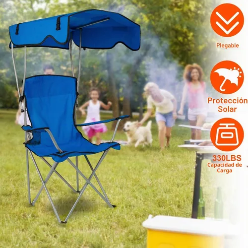 Vista 3 de TeqHome Silla de campamento con toldo de sombra, silla de césped plegable resistente con soporte para tazas, protección solar UPF 50+, silla de Azul